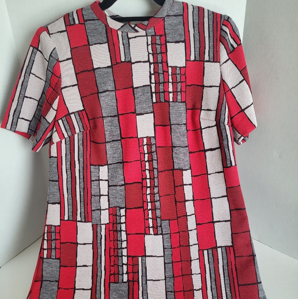 Vintage Henry Lee Shift Dress Red, White, Grey Geometric Retro Groovy Mod